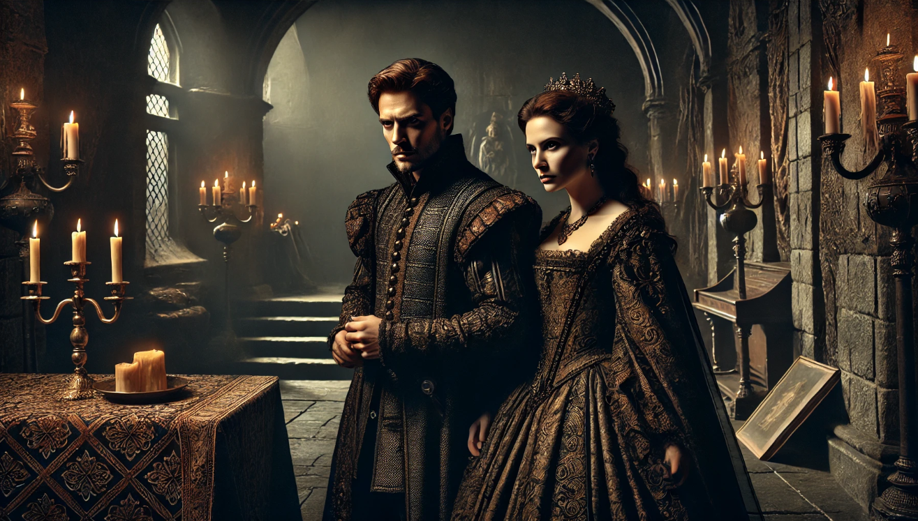 "Elegant couple in castle"
