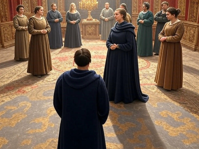 "Medieval court gathering indoors"