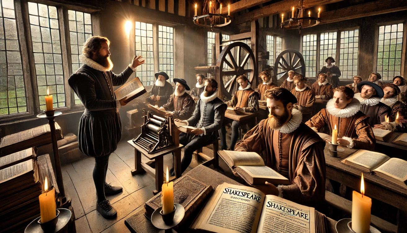 Elizabethan classroom reading Shakespeare.

