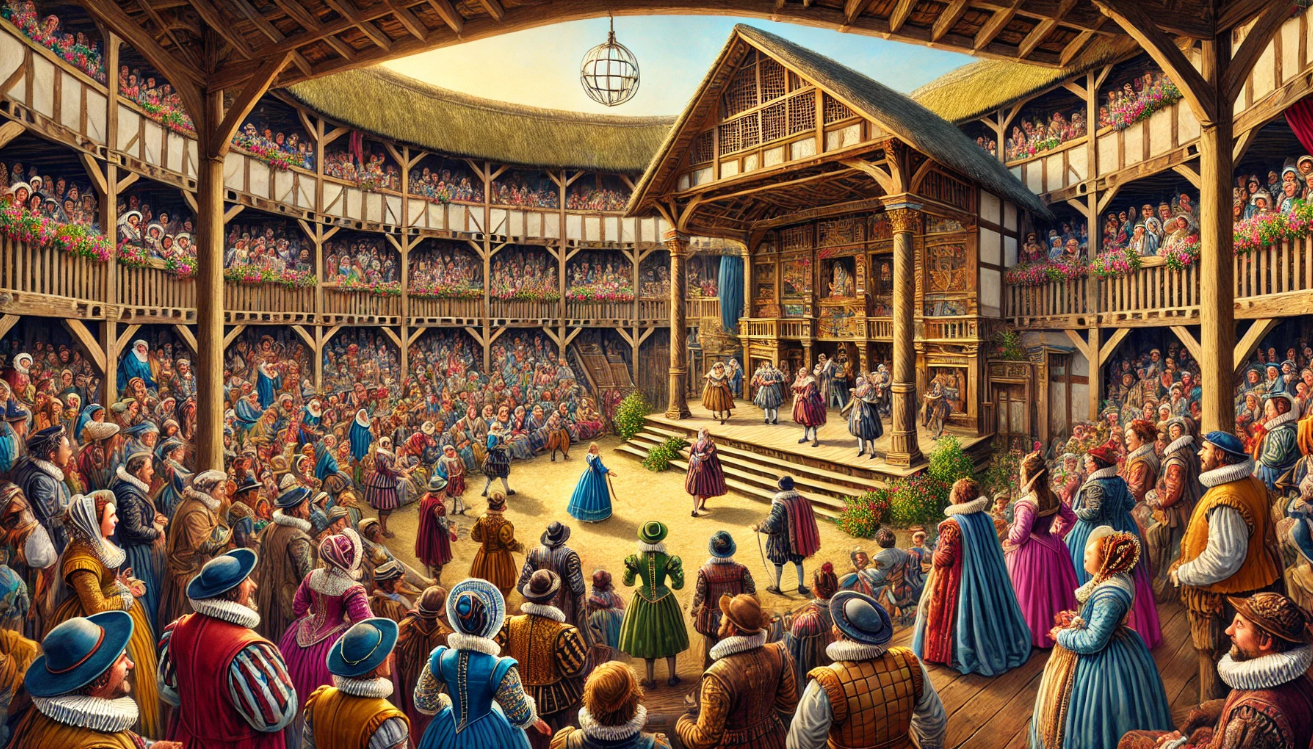 "Crowded Elizabethan theater performance"