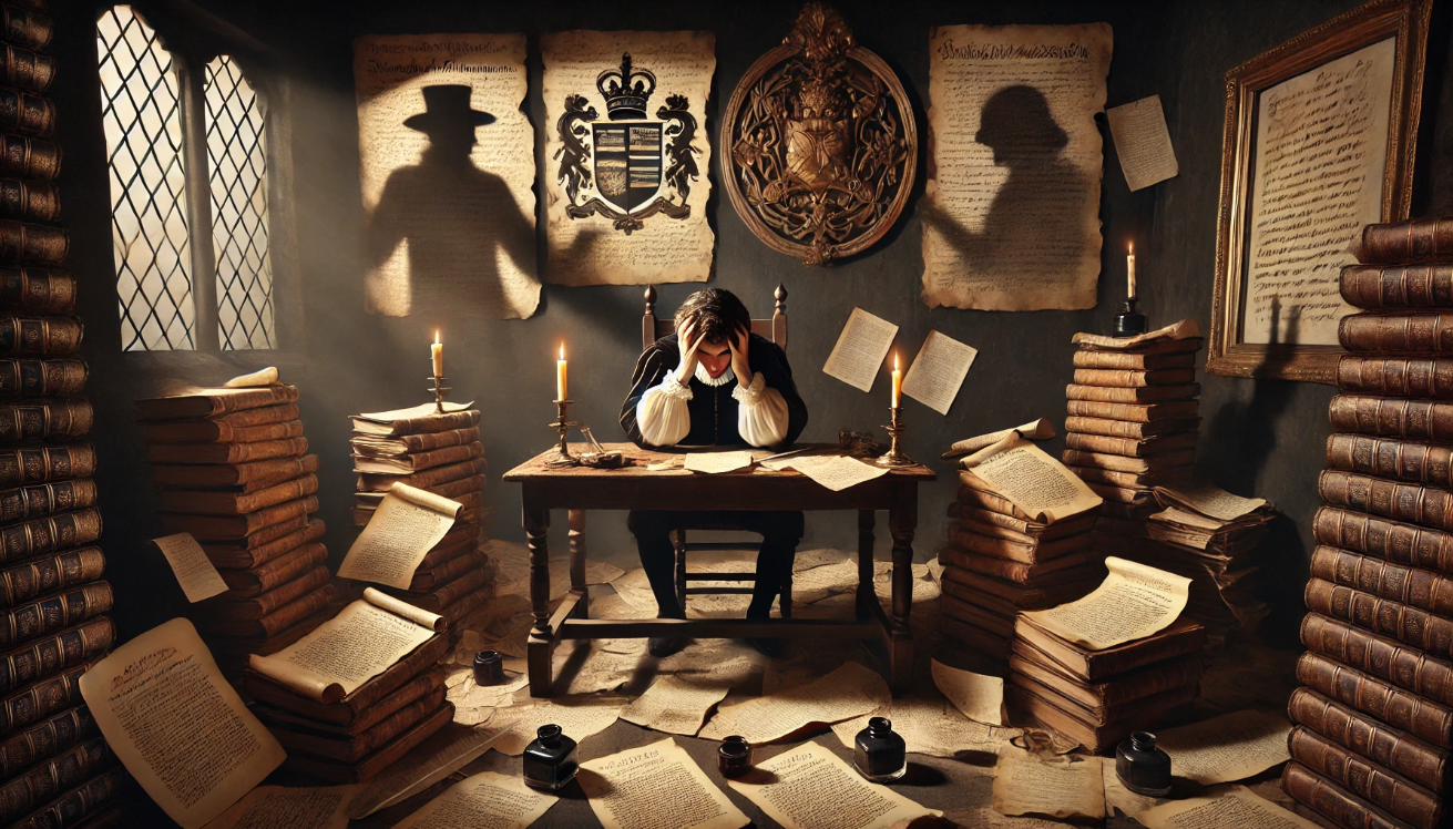 "Overwhelmed scholar with books"