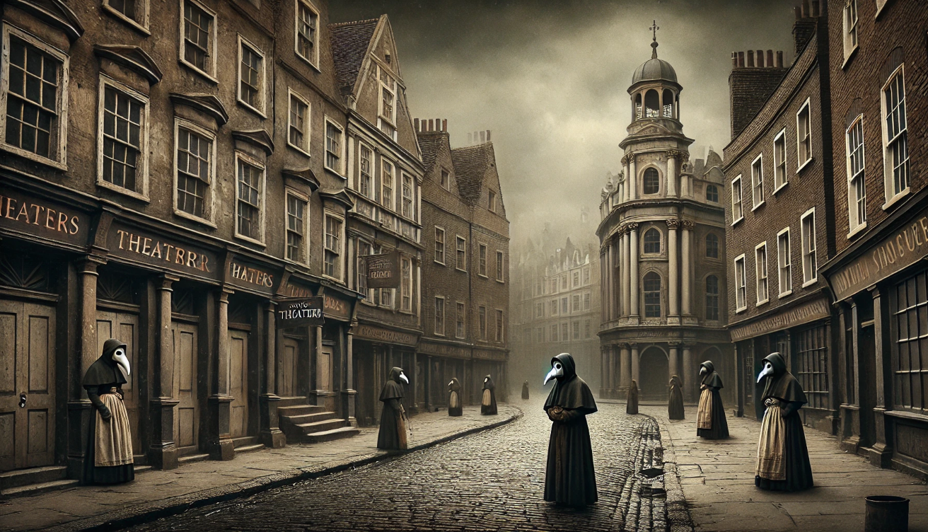 "Plague doctors in street"