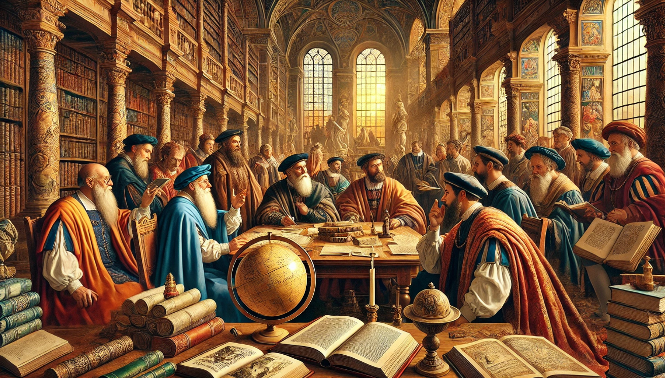 "Scholars in grand library"