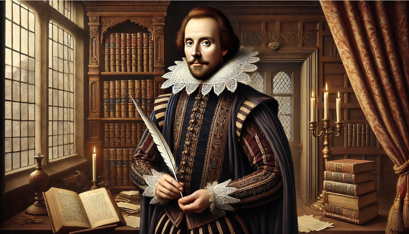 "Shakespeare in candlelit study"