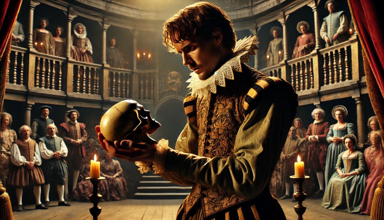 "Actor holding skull onstage"
