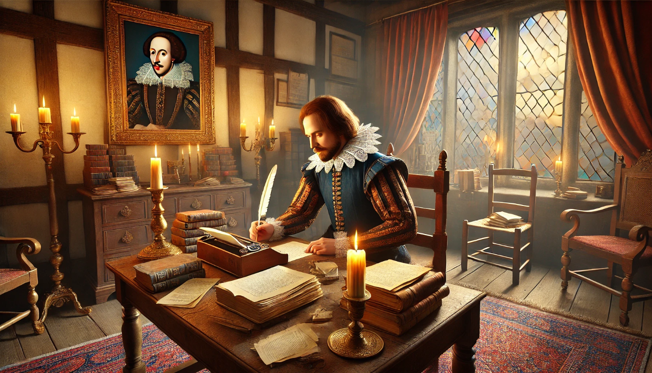 "Playwright writing by candlelight"