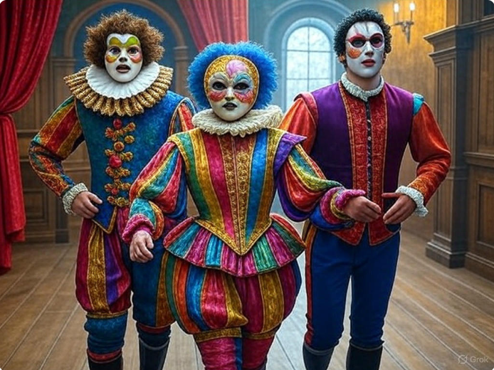 Colorful masked theatrical performers 