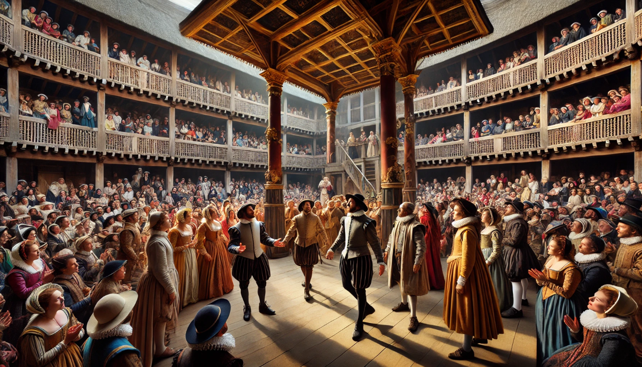 "Elizabethan theater performance crowd"