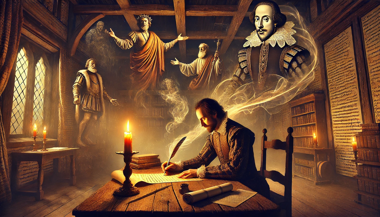 "Writer with ghostly figures"