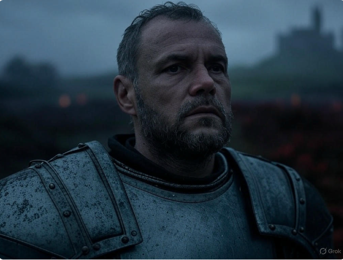 "Knight in rainy battlefield"