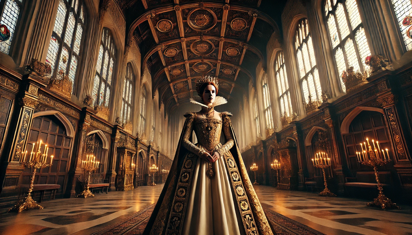 "Queen in ornate hall"
