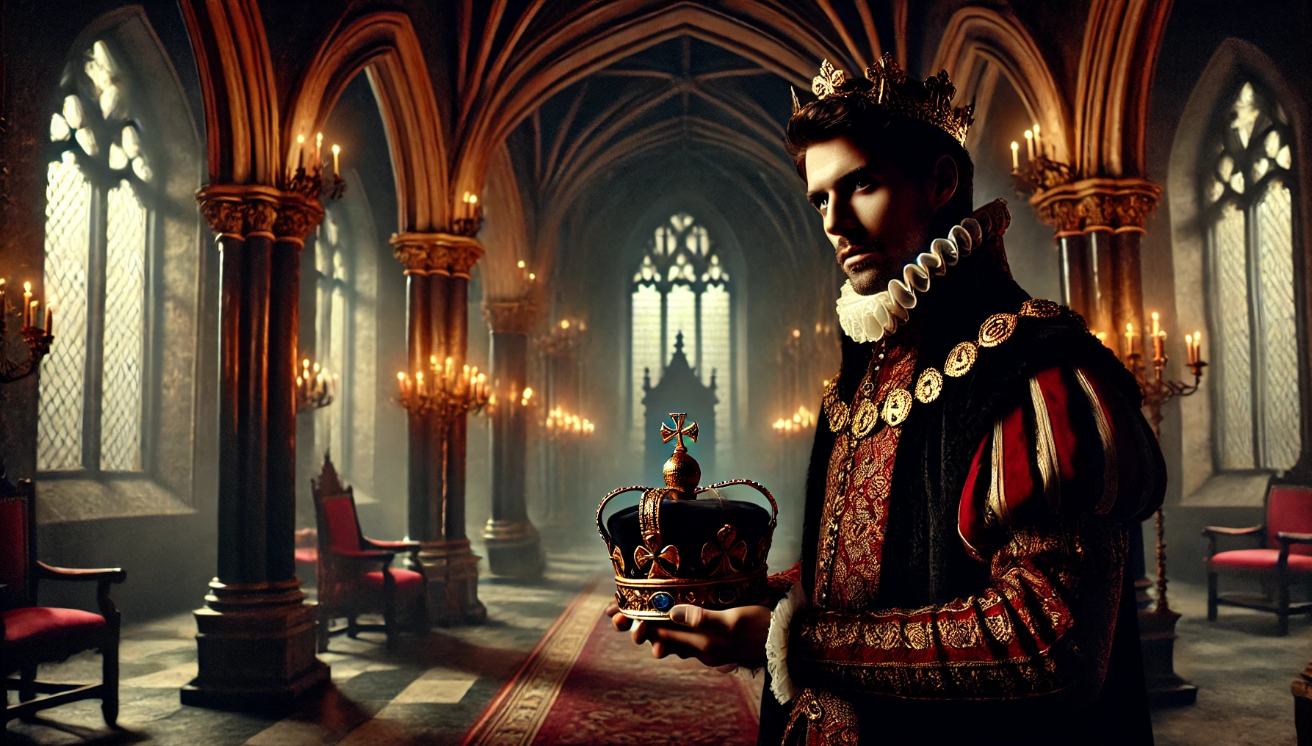 "King holding crown indoors"