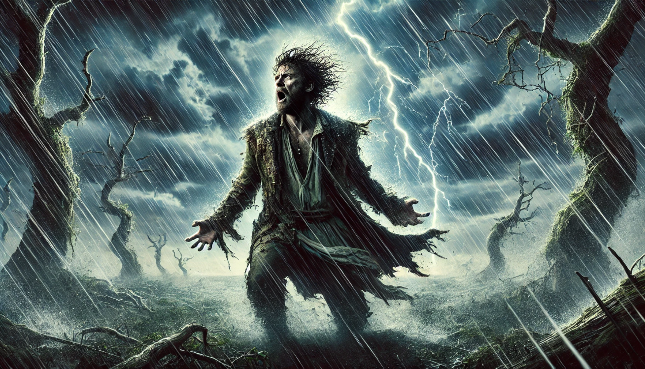 "Man in stormy forest"