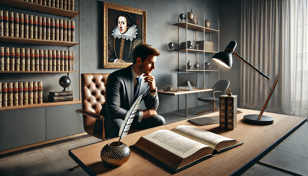 "Man in study room"