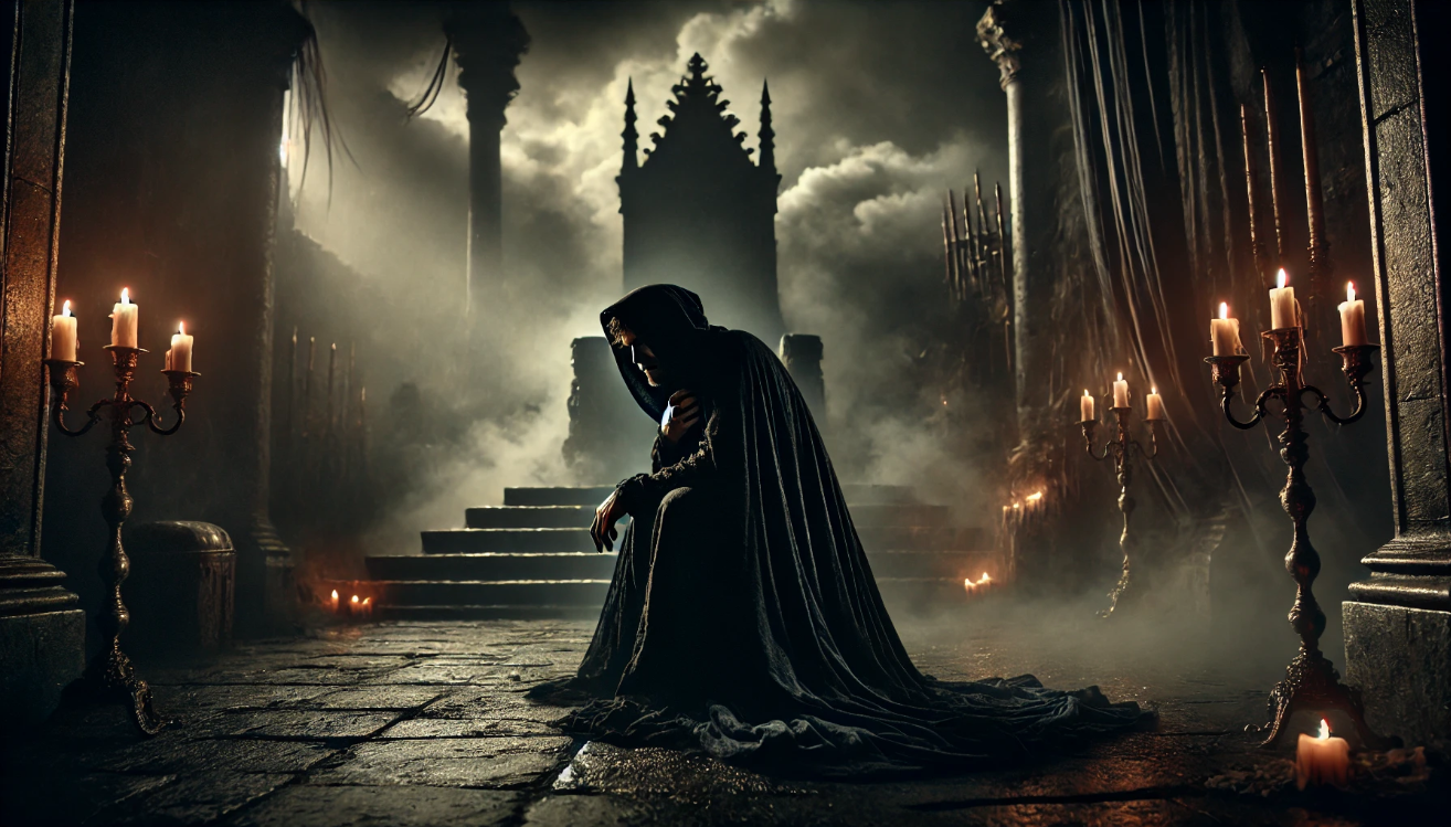 "Mysterious figure in cathedral"