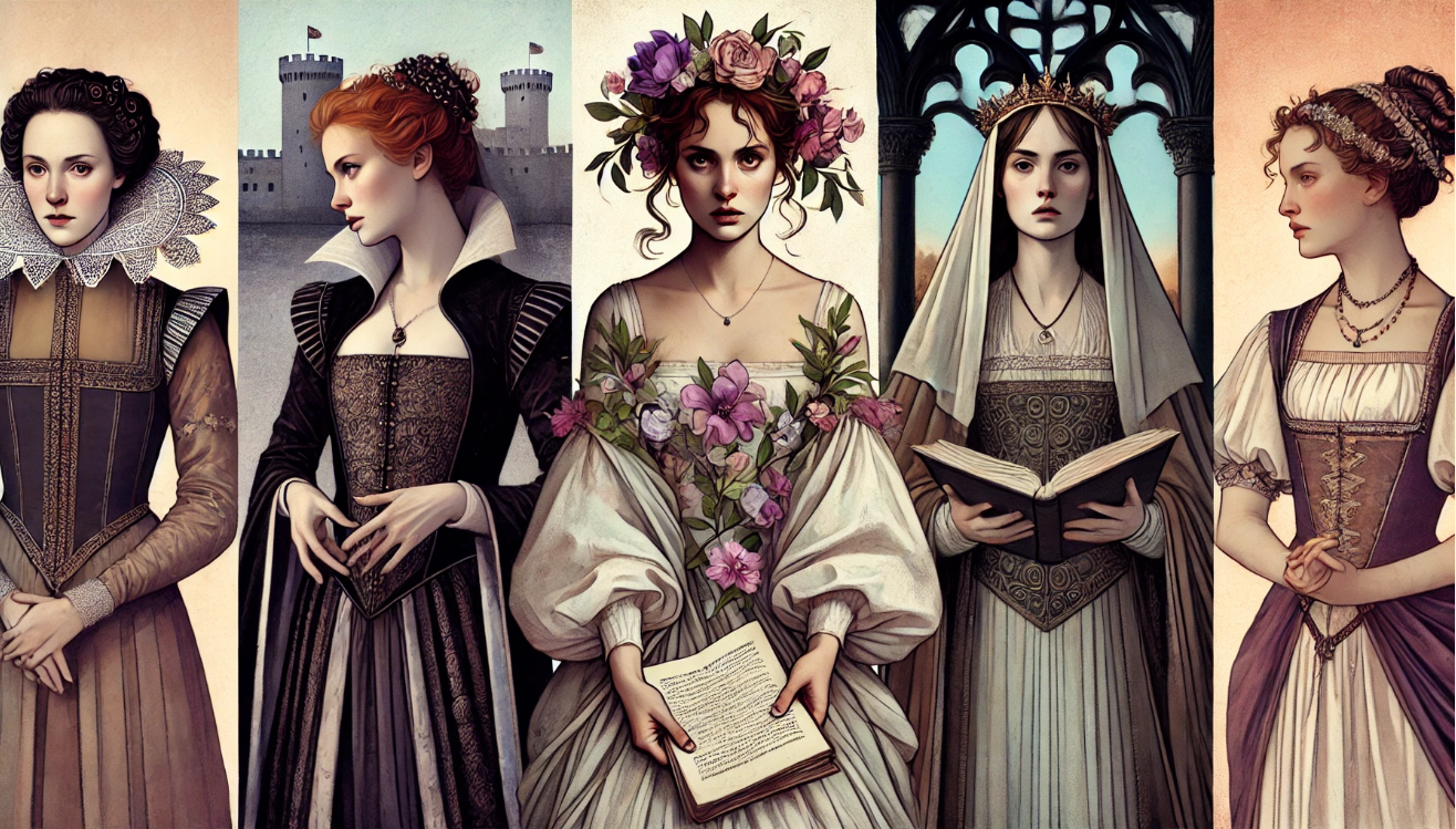 "Five women, medieval attire"