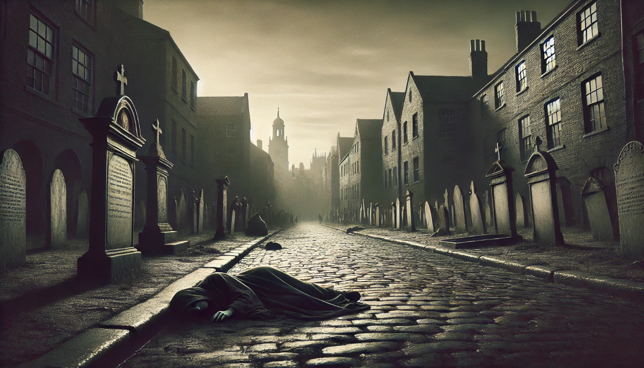 "Eerie street with graves"