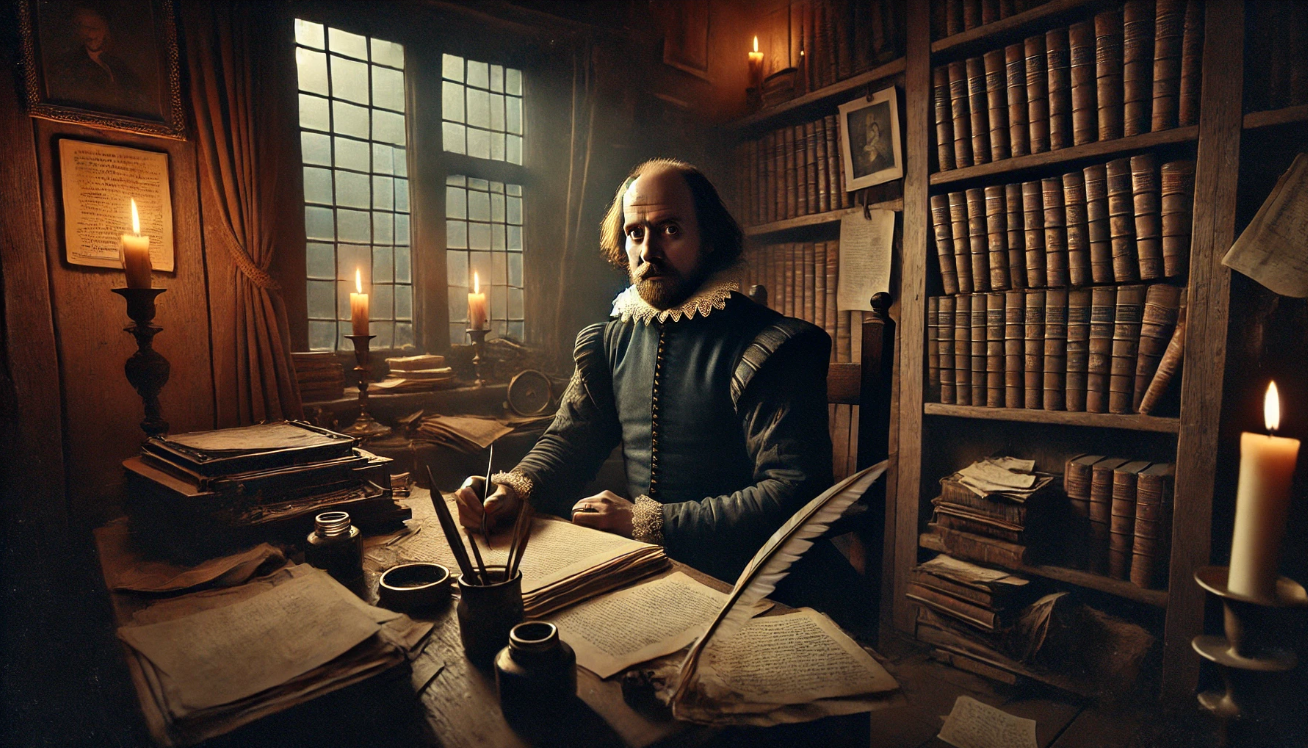 Scholar writing in candlelit study