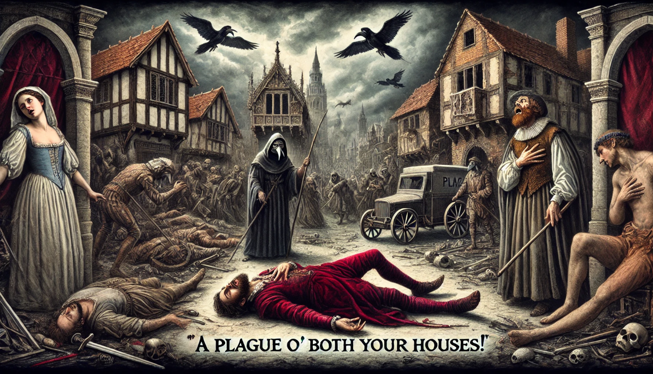 Plague-ridden village with corpses
