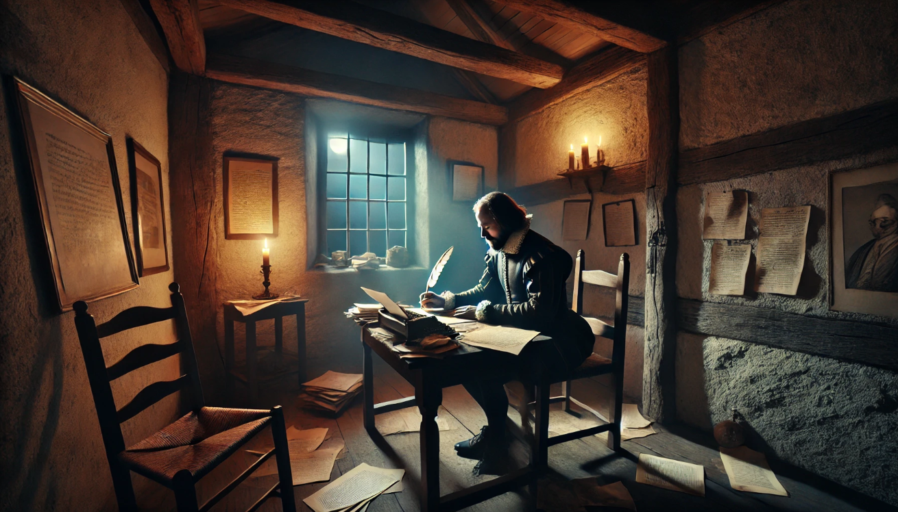 Writer in candlelit rustic room