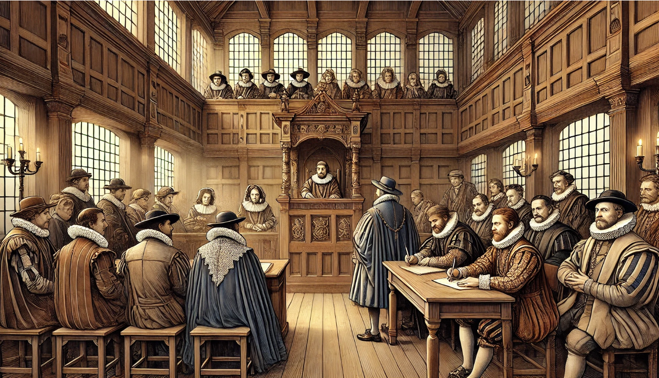 "Historical courtroom with judges"