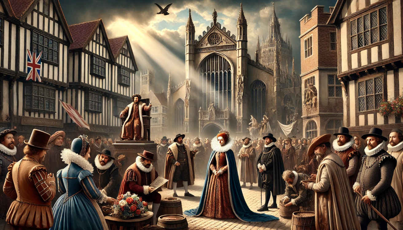 "Elizabethan market with queen"