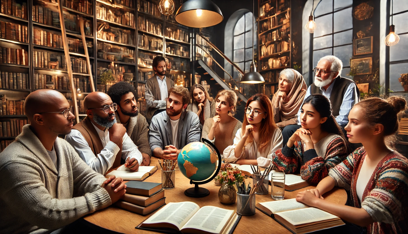 "Diverse group studying in library"