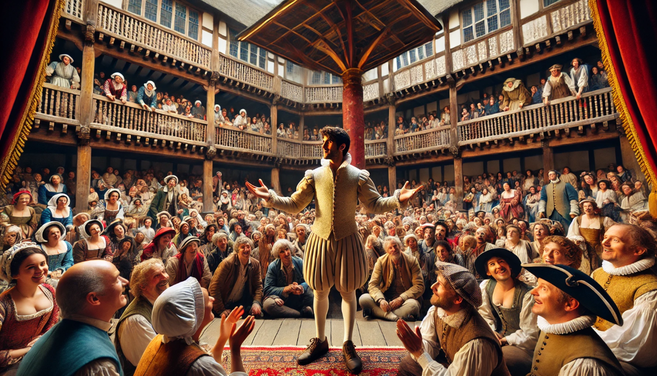 "Actor addressing Elizabethan crowd"