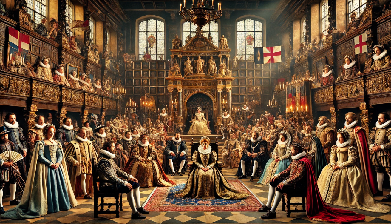 "Elizabethan nobles in discussion"