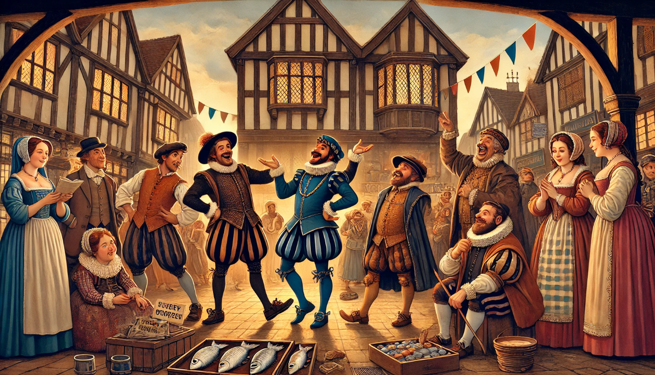 "Lively Elizabethan street scene"