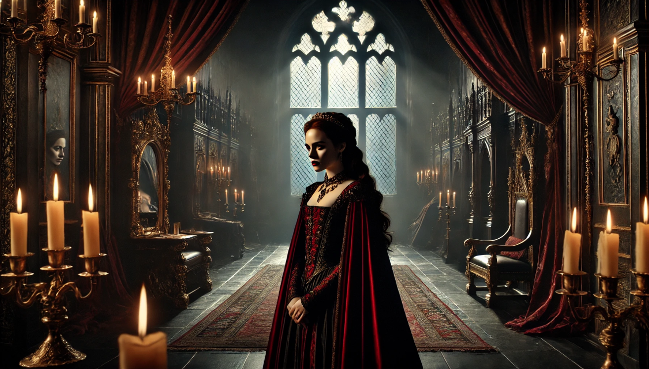 "Regal figure in castle"