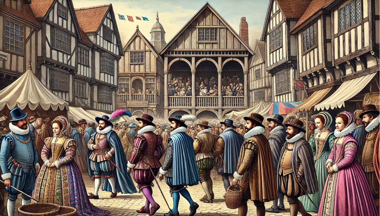 "Crowded Elizabethan market scene"