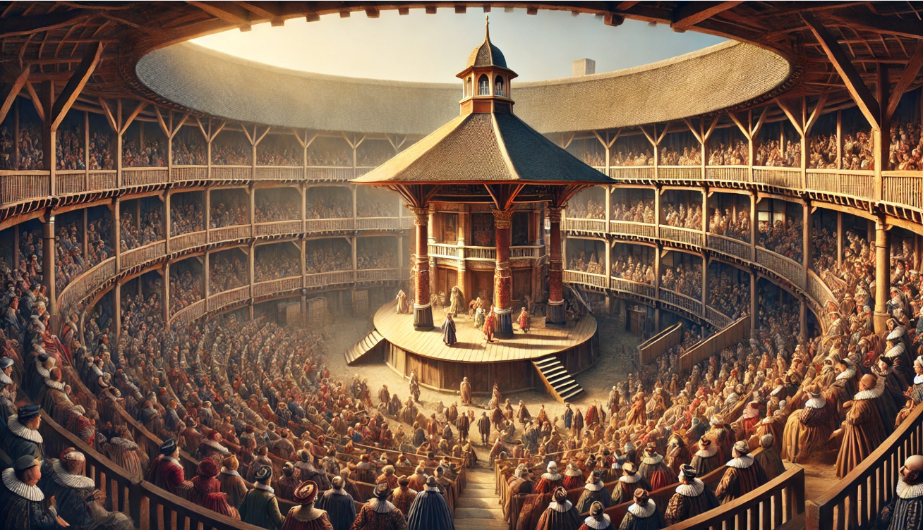 "Crowded Elizabethan theater performance"