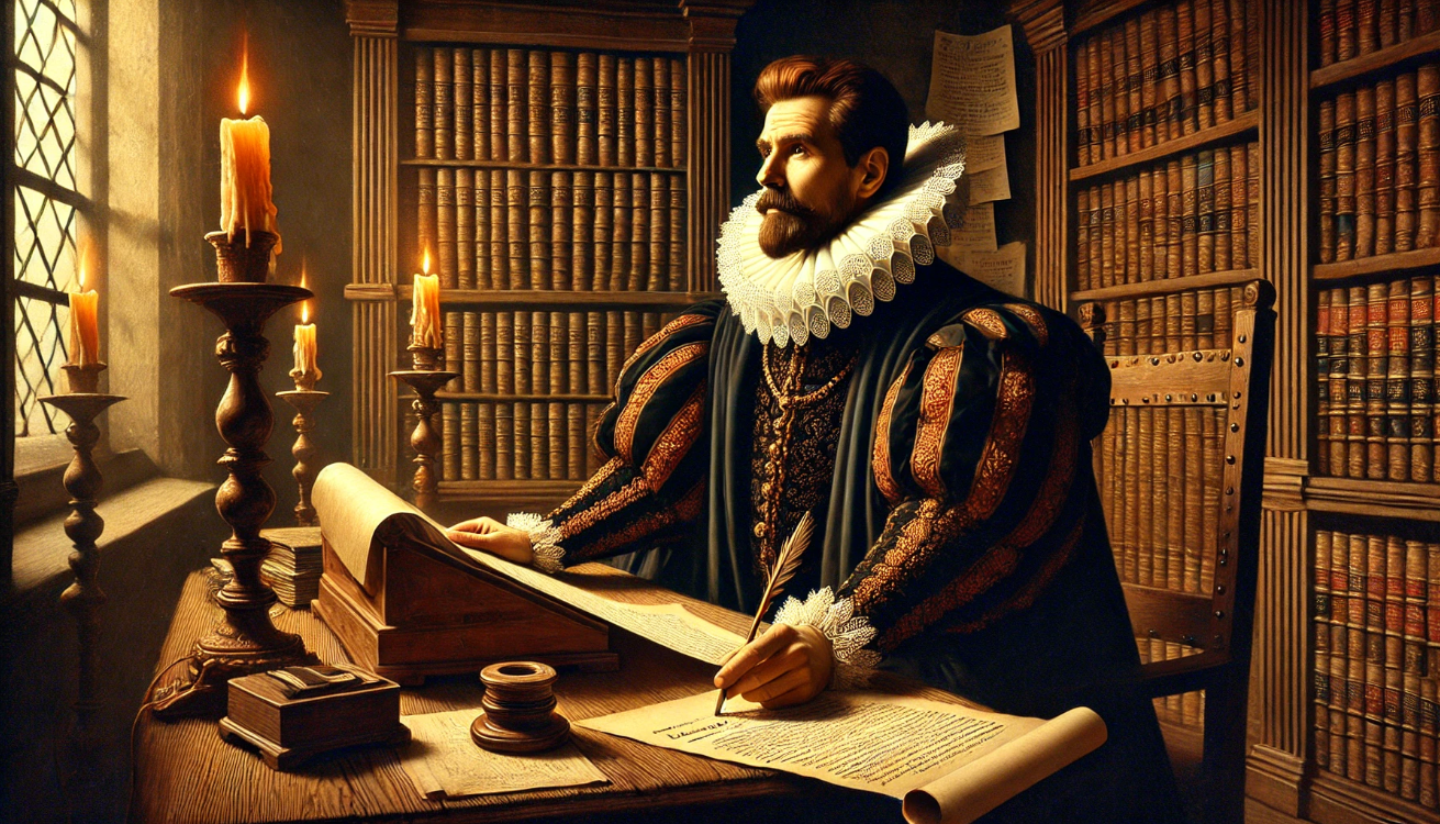"Scholar writing in library"