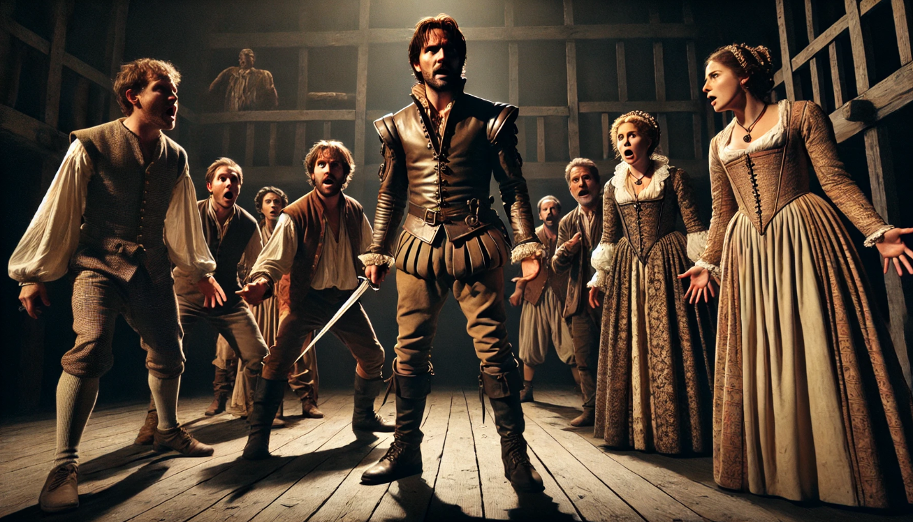 "Dramatic Elizabethan stage scene"