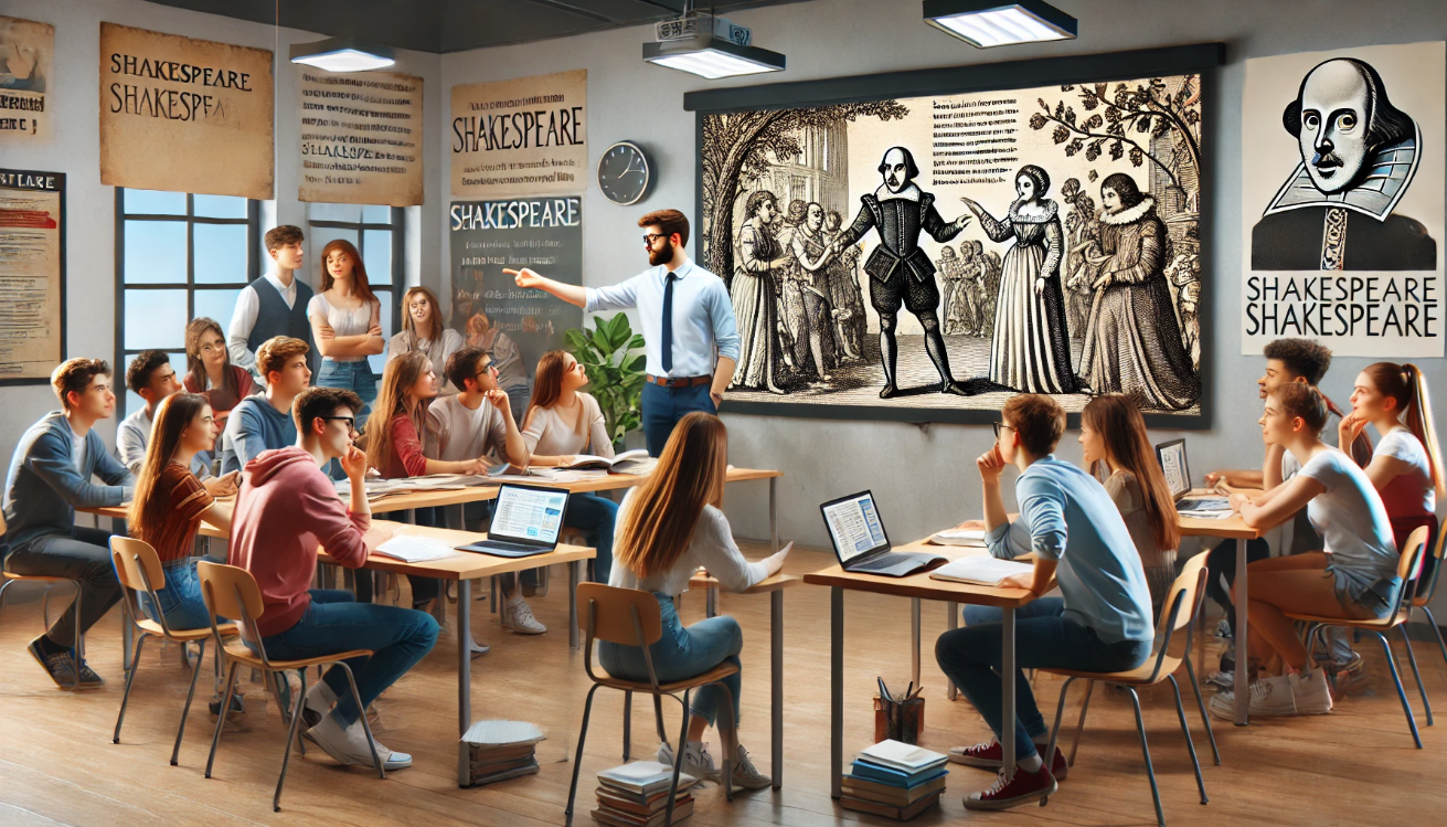 Modern classroom studies Shakespeare.

