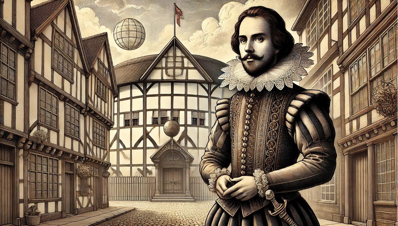 Elizabethan man, Globe Theatre backdrop.