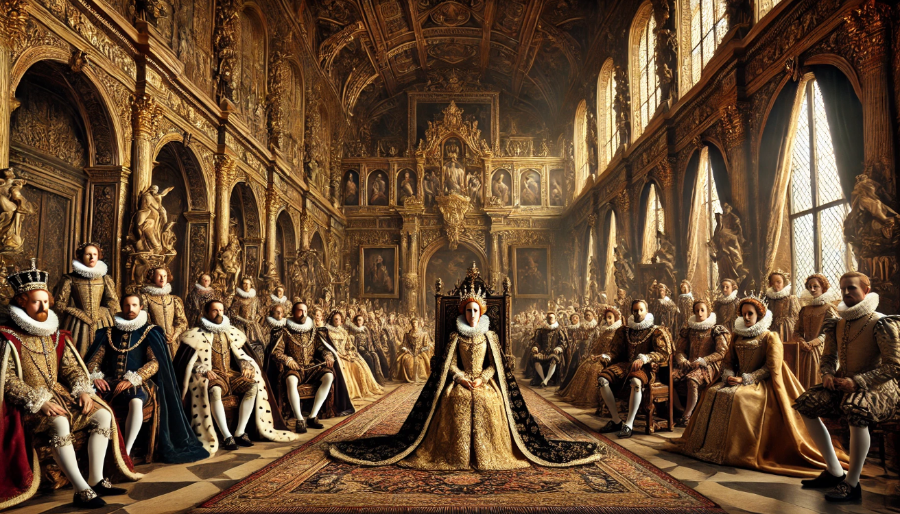 Regal queen, ornate court gathering.