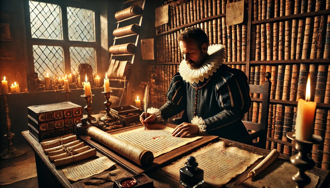 Scholar writing in candlelit study.