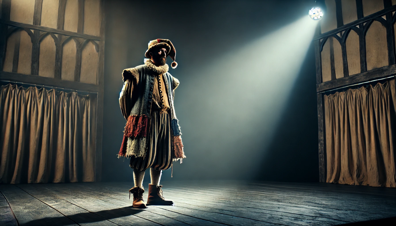 Jester on stage under spotlight.