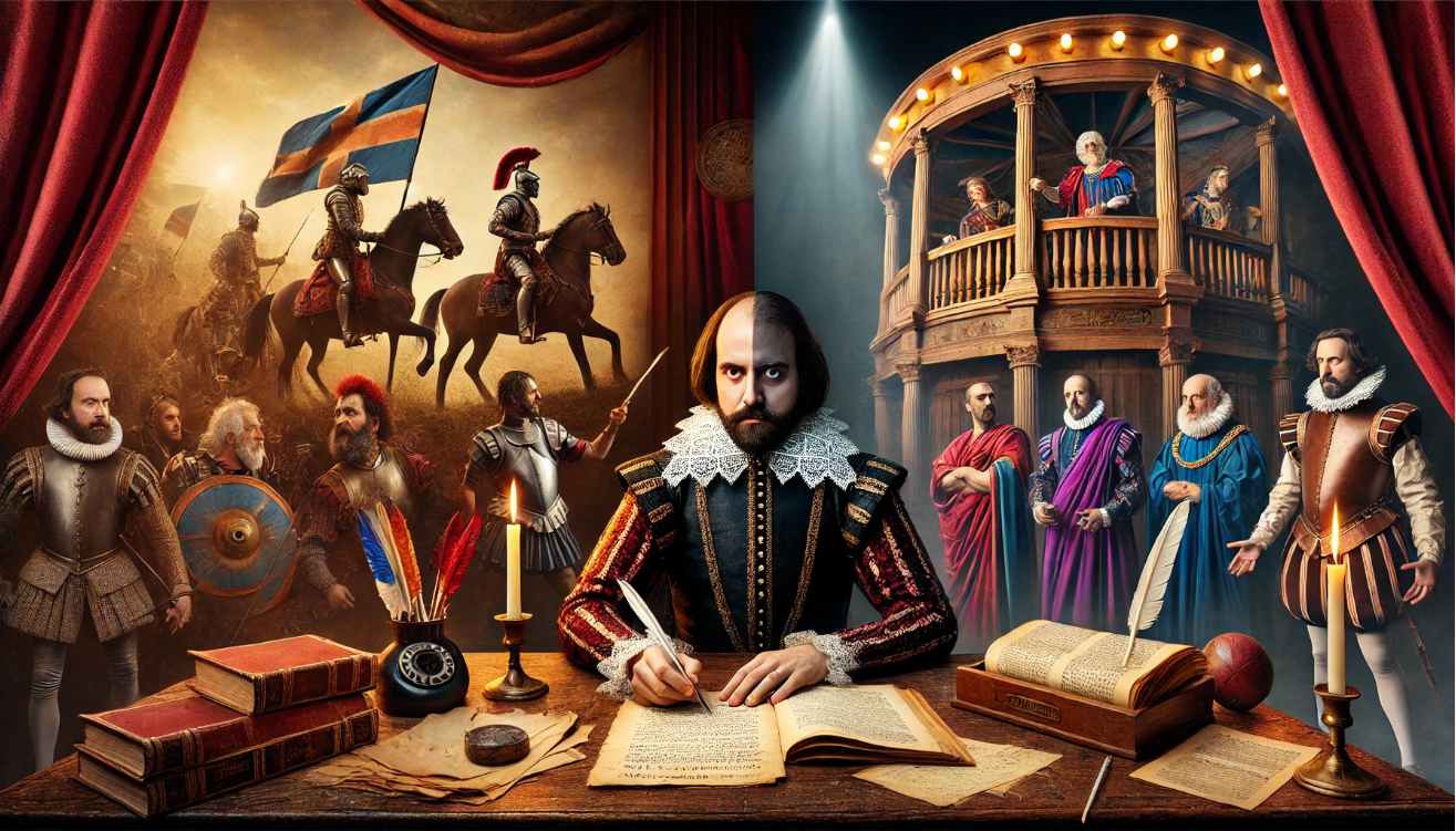 Shakespeare writing with characters.