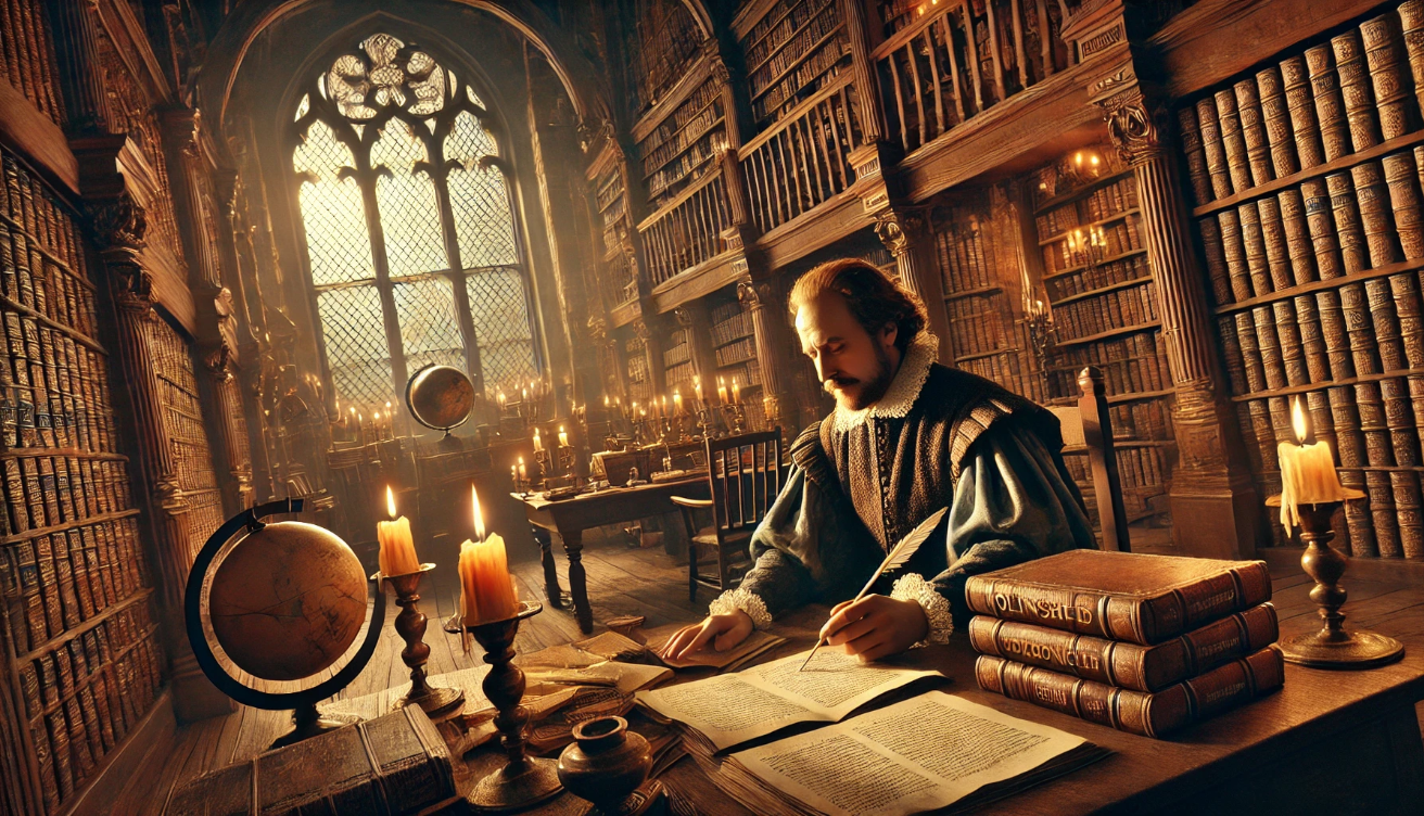 Scholar writing in library.