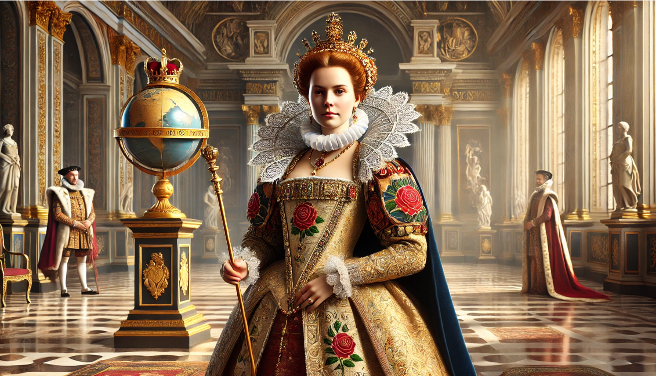 Queen with globe scepter.