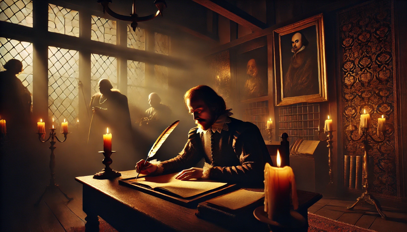 Shakespeare writing by candlelight