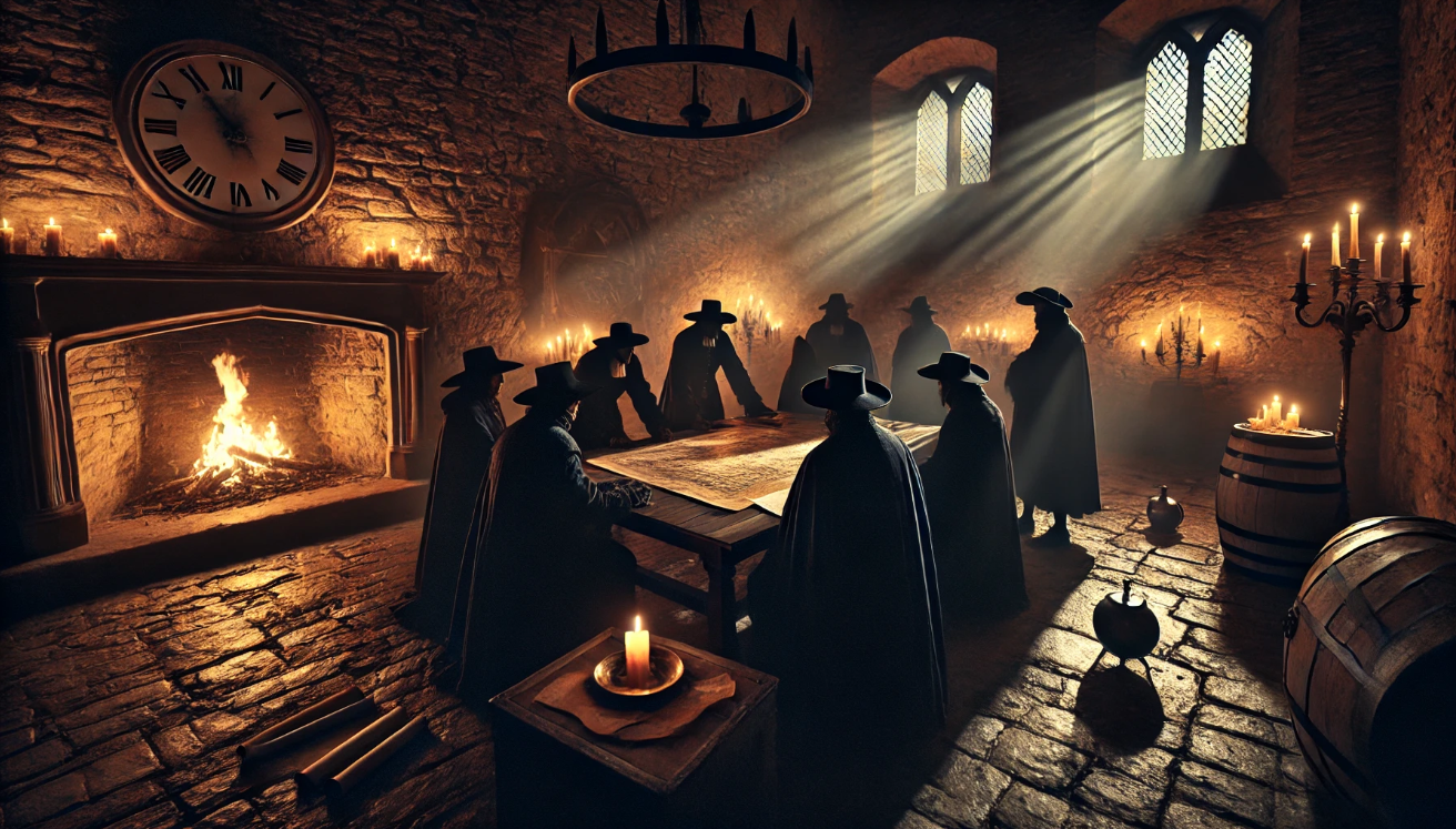 Mysterious cloaked figures meeting