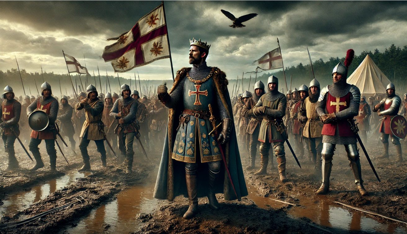 King leading medieval army.