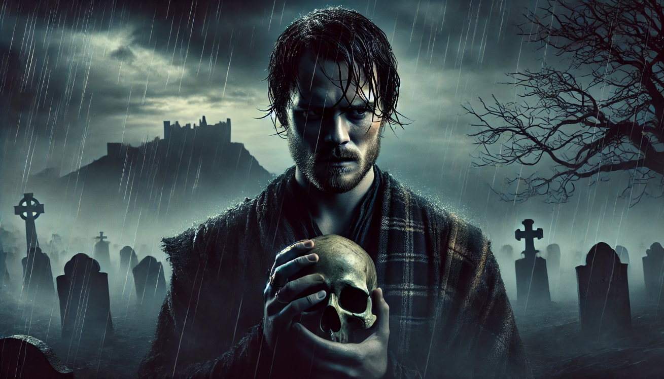 Man with skull graveyard.