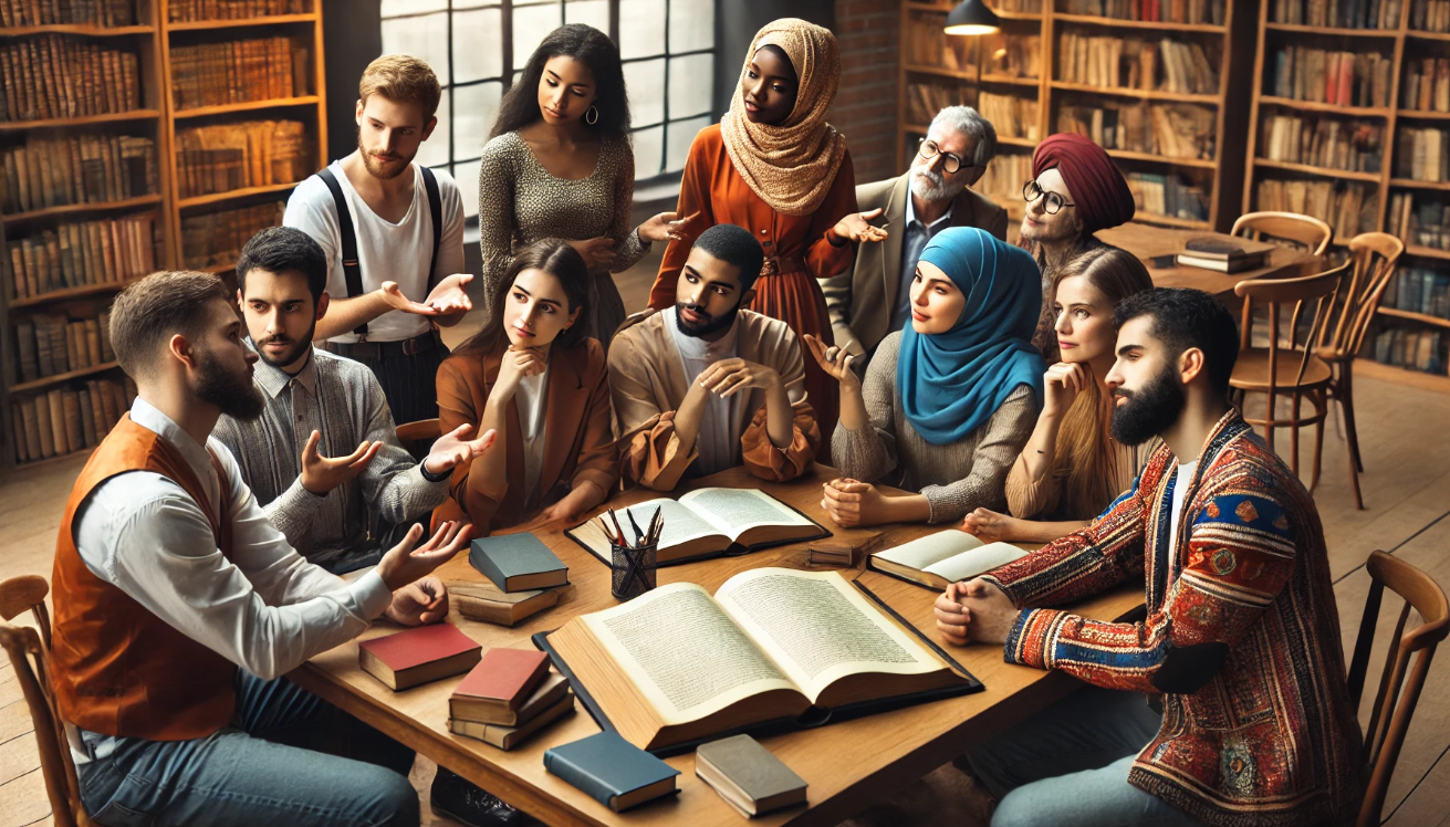 Diverse group studying books.