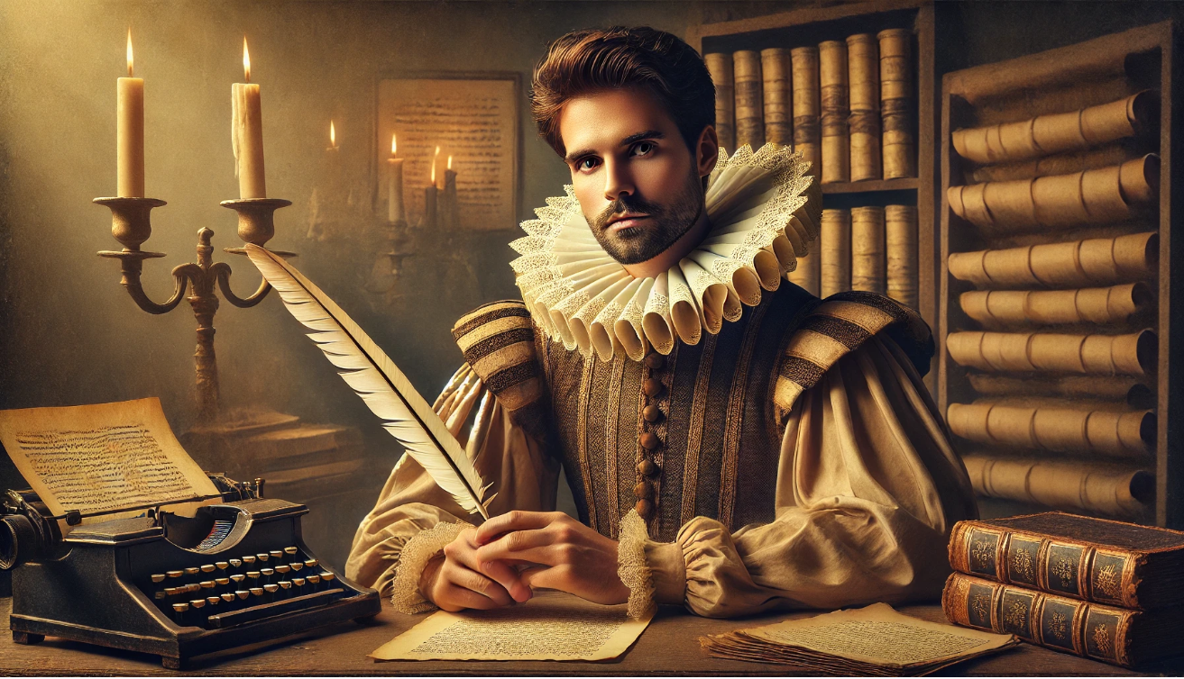"Elizabethan writer at desk"