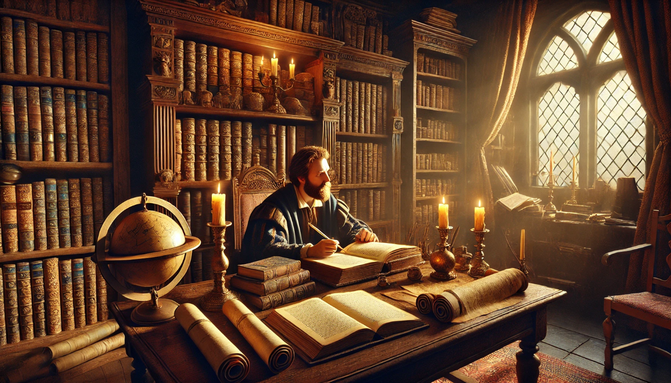 "Scholar studying in library"